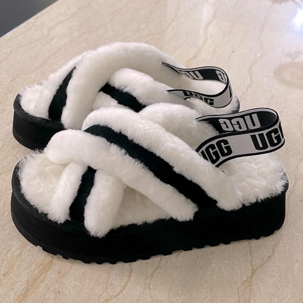 UGG White and Black Fluff Yeah Slide Sandals
